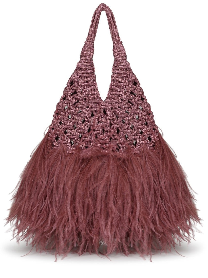 Hibourama Woven Textured Handbag With Ostrich Feather Accents