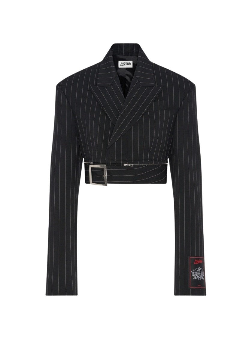 Jean Paul Gaultier Pinstripe Cropped Tailored Jacket Black And White