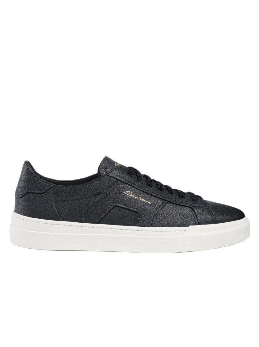 Santoni Low-Top Black Leather Sneakers With Gold Accents