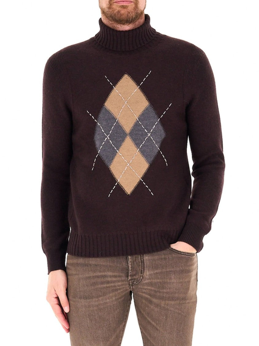 Ballantyne Large Argyle Pattern High Neck Wool Sweater