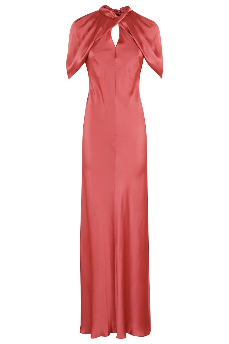 Alberta Ferretti Coral Satin Evening Dress With Cut-Out Detail