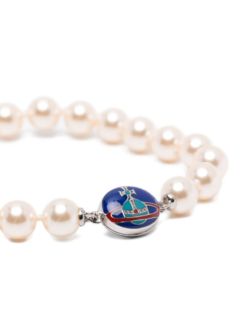 Vivienne Westwood Cream Faux Pearl Silver Orb Bracelet