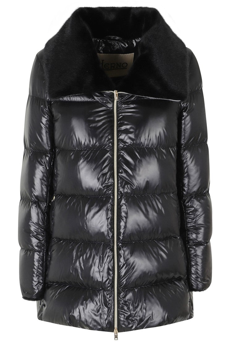 Herno Black Fur-Lined Collar Striped Quilted Polyamide Down Jacket