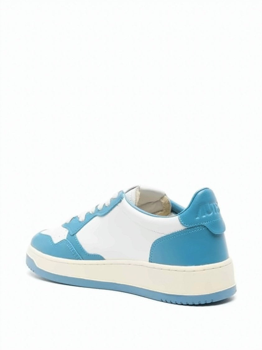 Autry Low-Top White Leather Sneakers With Sky Blue Accents