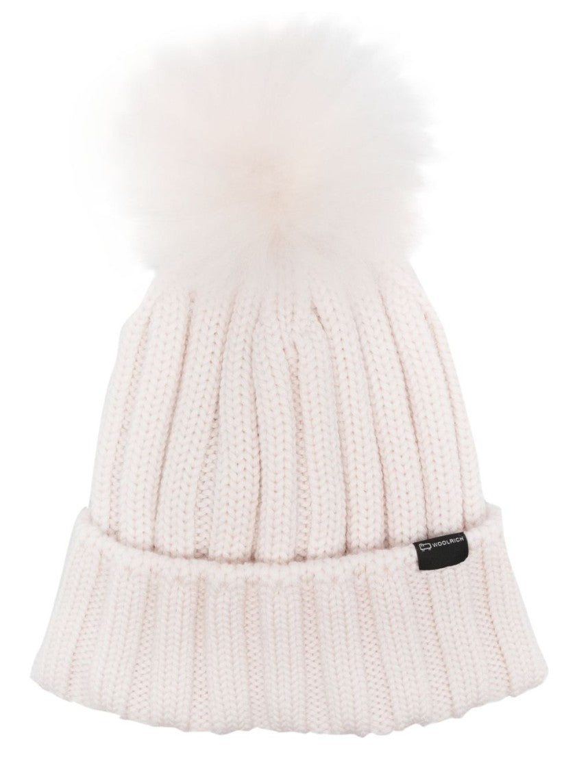 Woolrich Ribbed Knit Cap With Fluffy Pom-Pom