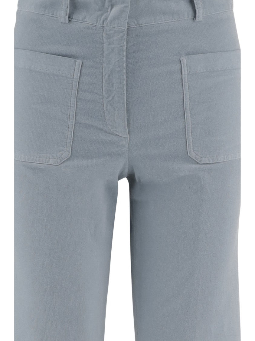 Ql2 Light Blue Stretch Cotton Velvet Flared Pants With Pressed Center Crease