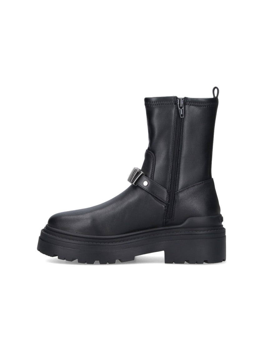 Pinko Rounded Toe Black Leather Ankle Boots With Front Strap