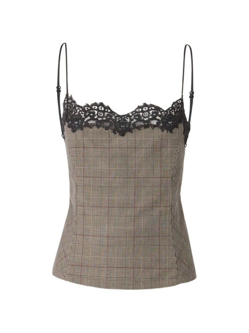 Pinko Checkered Lace-Trim Fitted Top