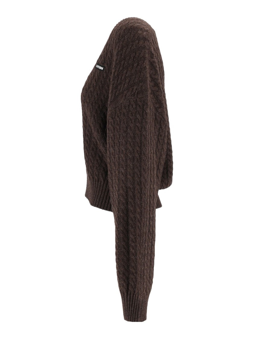 Rotate Brown Regular-Fit Cable-Knit V-Neck Sweater