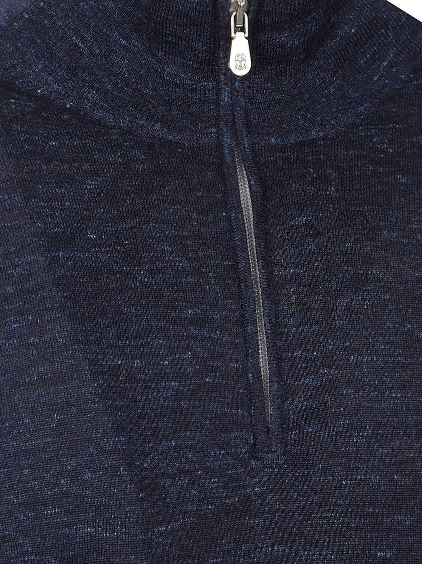 Brunello Cucinelli High-Collar Navy Sweater With Half-Zip Closure