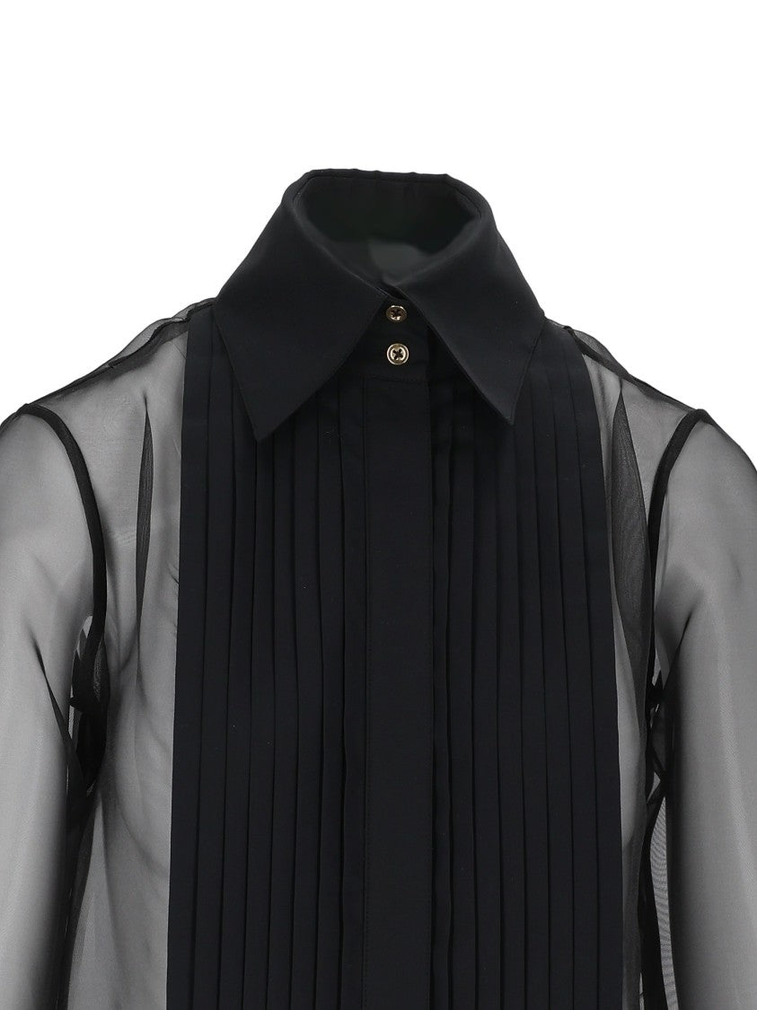 Elisabetta Franchi Translucent Pleated Bib Classic Collar Blouse