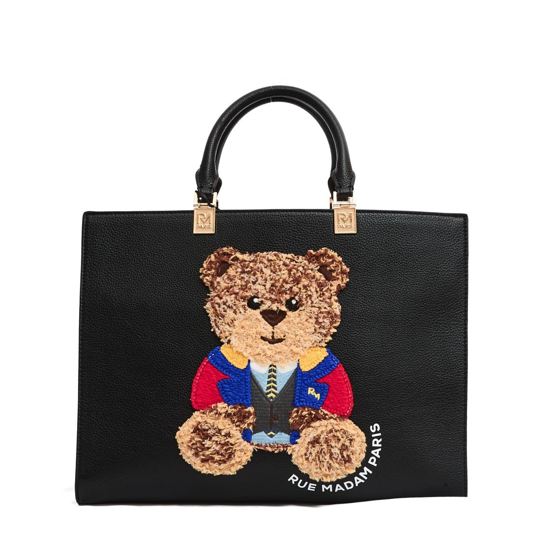 Rue Madame Textured Leather Tote Bag With Teddy Bear Applique