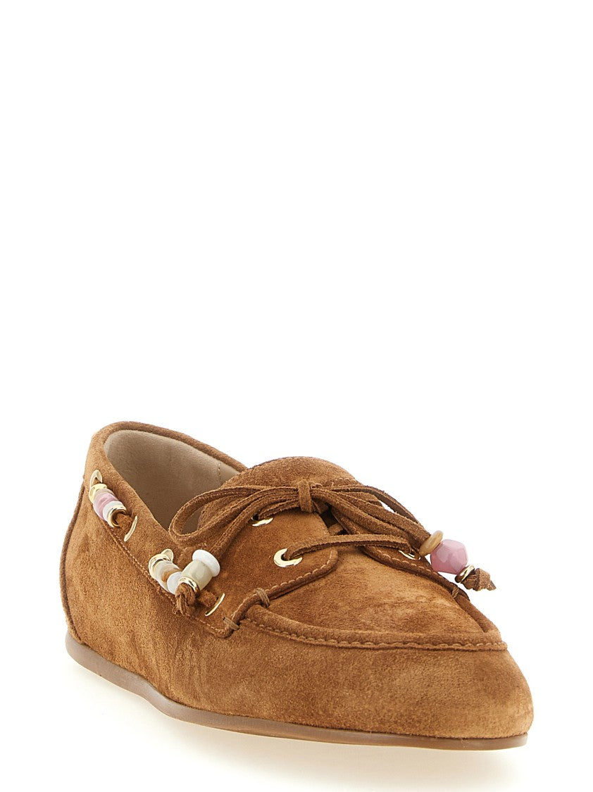 Stuart Weitzman Brown Suede Boat Shoe With Beaded Lace And Cabochon