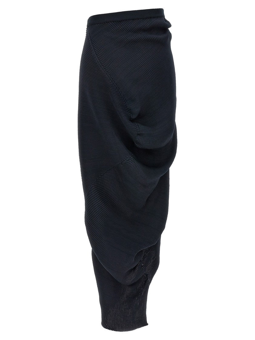 Issey Miyake Pleated Black Midi Skirt With Asymmetrical Silhouette And Draped Details