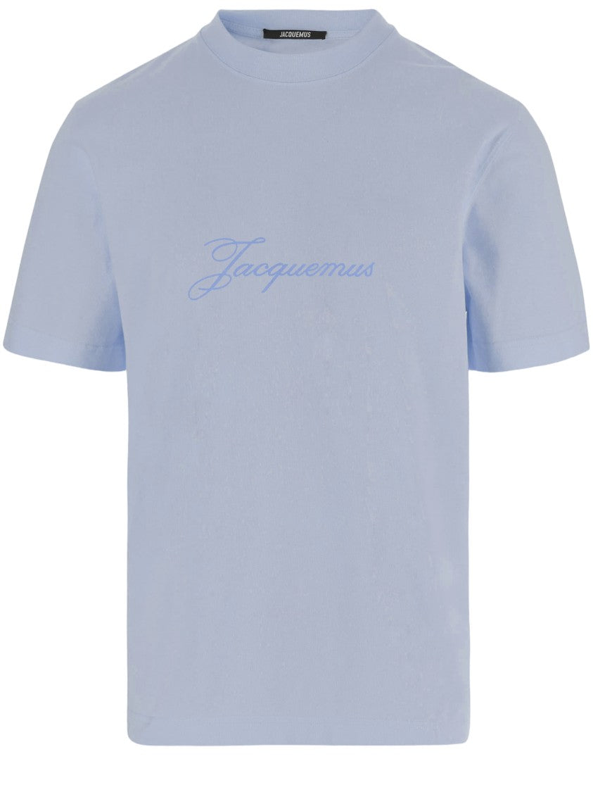 Jacquemus Minimalist Light Blue Cotton T-Shirt With Tone-On-Tone Logo