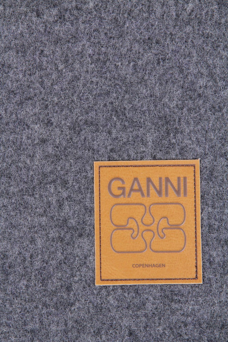 Ganni Fringed Wool Scarf With Logo Detail