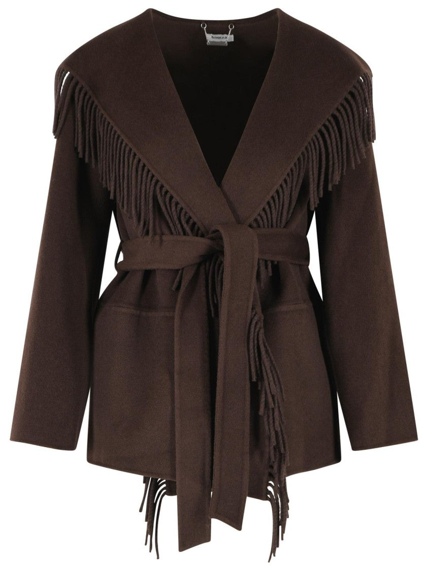 Simkhai Brown Wool Blend Jacket With Fringed Décor And Belted Waist