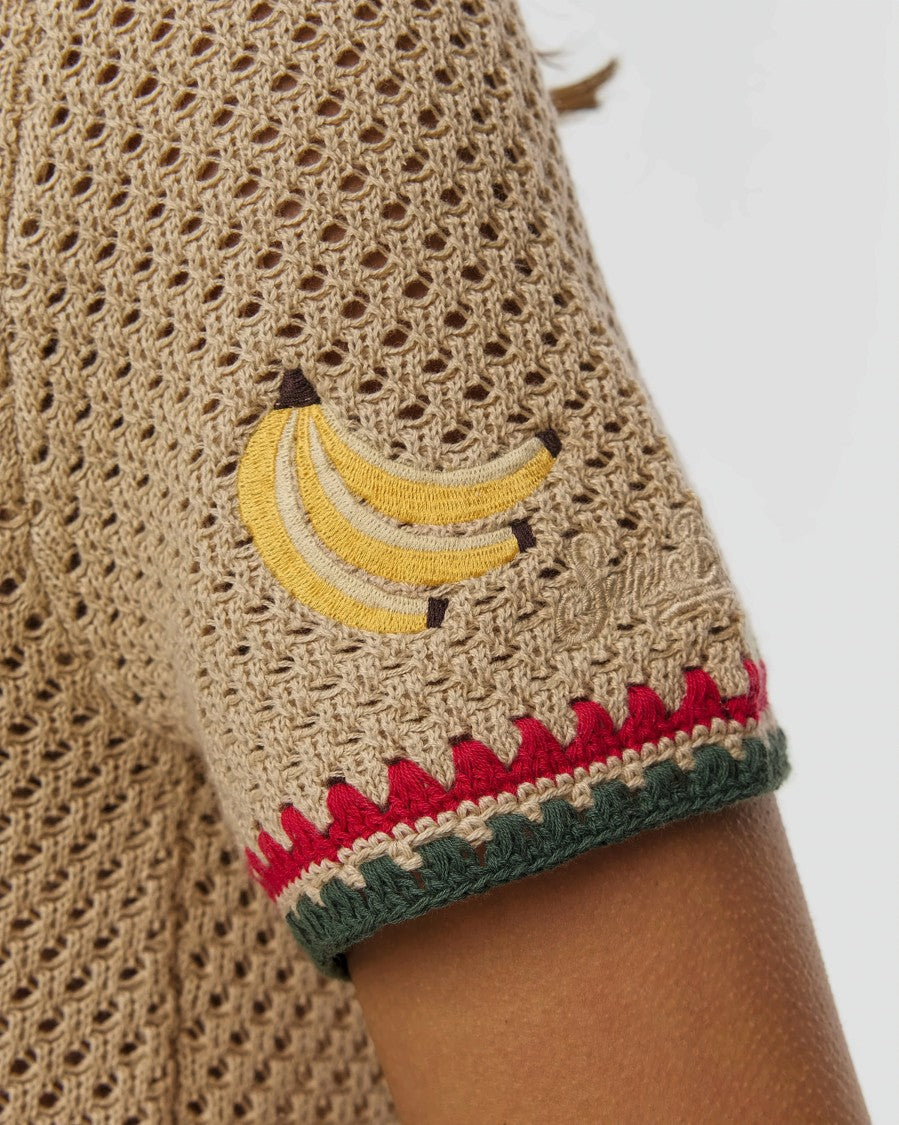 Mc2 Saint Barth Beige Open-Knit Short-Sleeve Top With Playful Embroidery