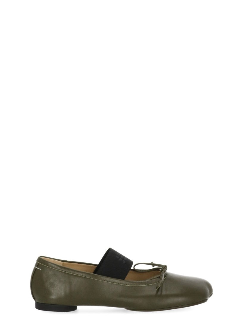Mm6 By Maison Margiela Green Four Stitches Leather Squared-Toe Flats