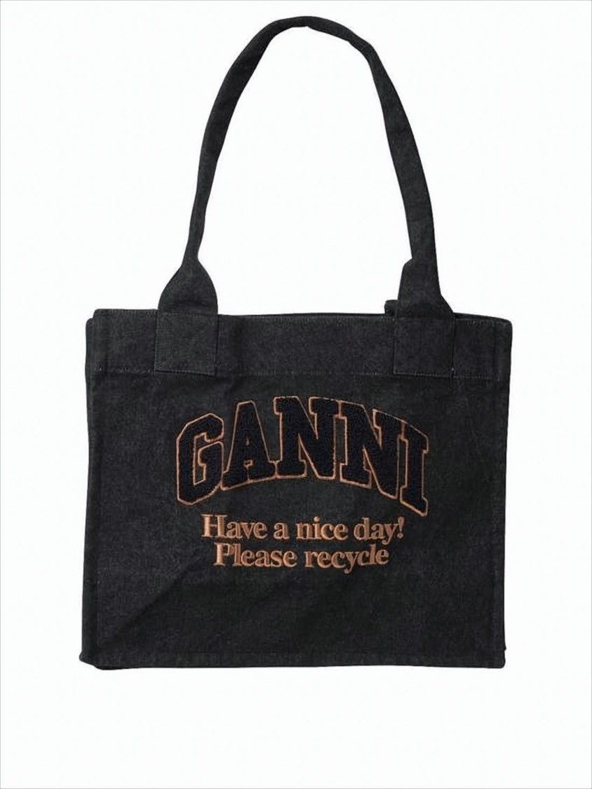 Ganni Textured Black Organic Cotton Tote With Embroidered Message