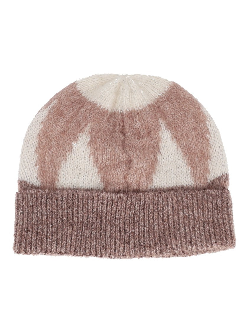Peserico Knitted Ribbed Cuff Geometric Pattern Hat