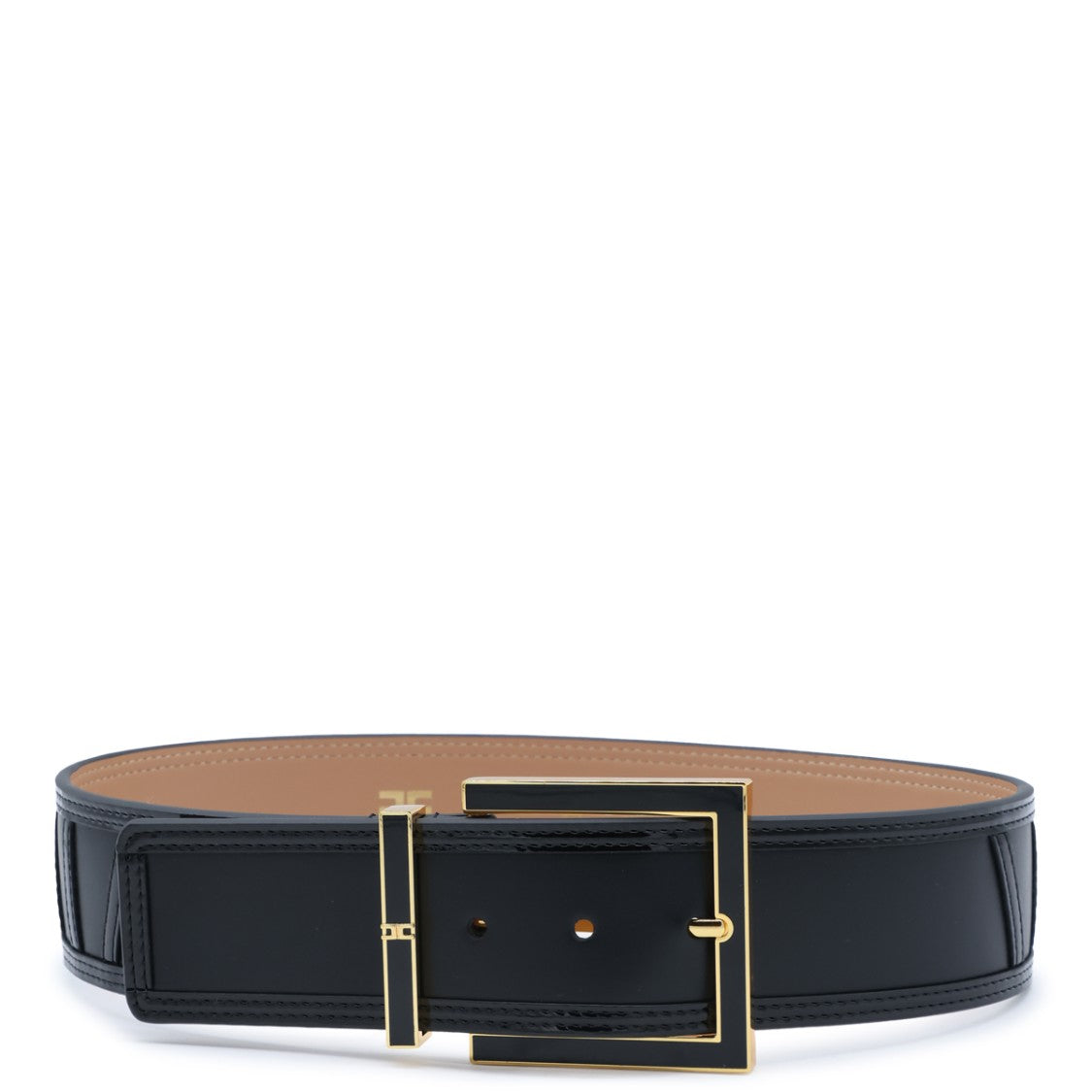 Elisabetta Franchi Wide Black Belt With Gold-Accented Square Buckle