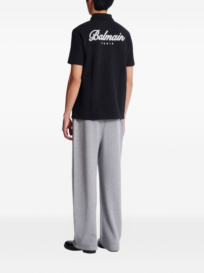 Balmain Black Half-Zip Cotton Embroidered Emblem Polo