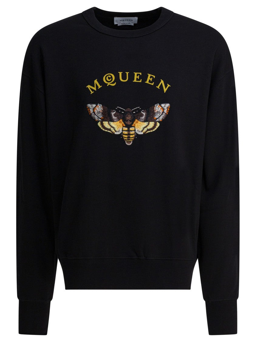 Alexander Mcqueen Black Cotton Sweatshirt With Embroidered Moth Design