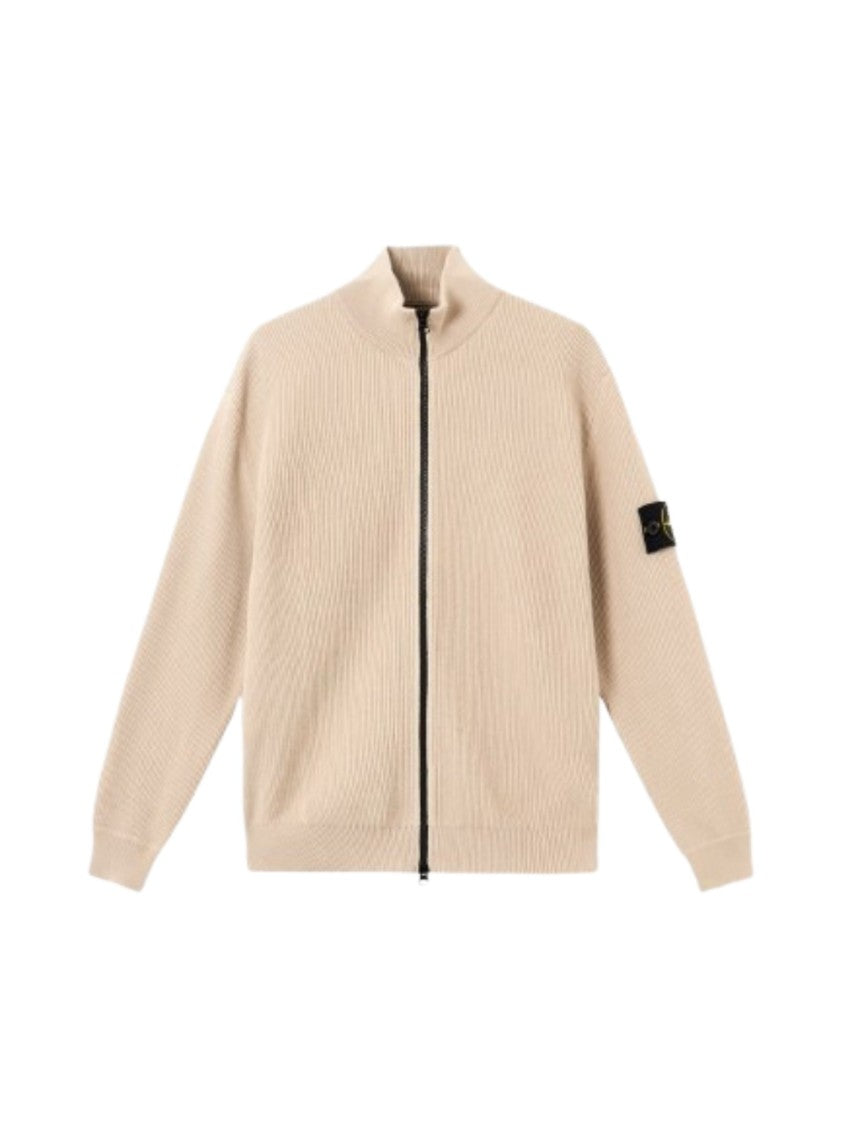 Stone Island Beige Ribbed Knit Zip-Up Cardigan