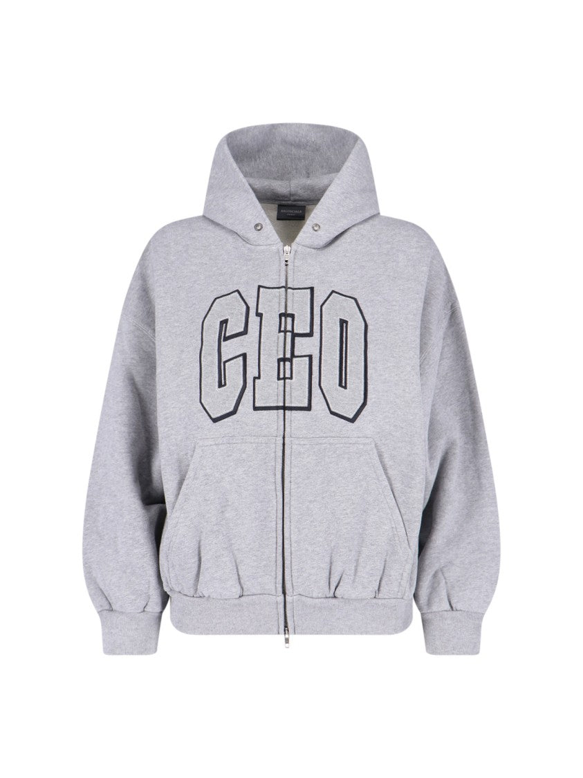 Balenciaga Zip Front Hoodie With Contrast Logo And Ribbed Details