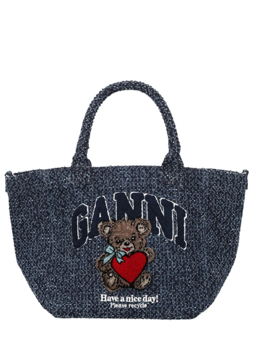 Ganni Black Speckled Teddy Bear Cotton Tote Bag