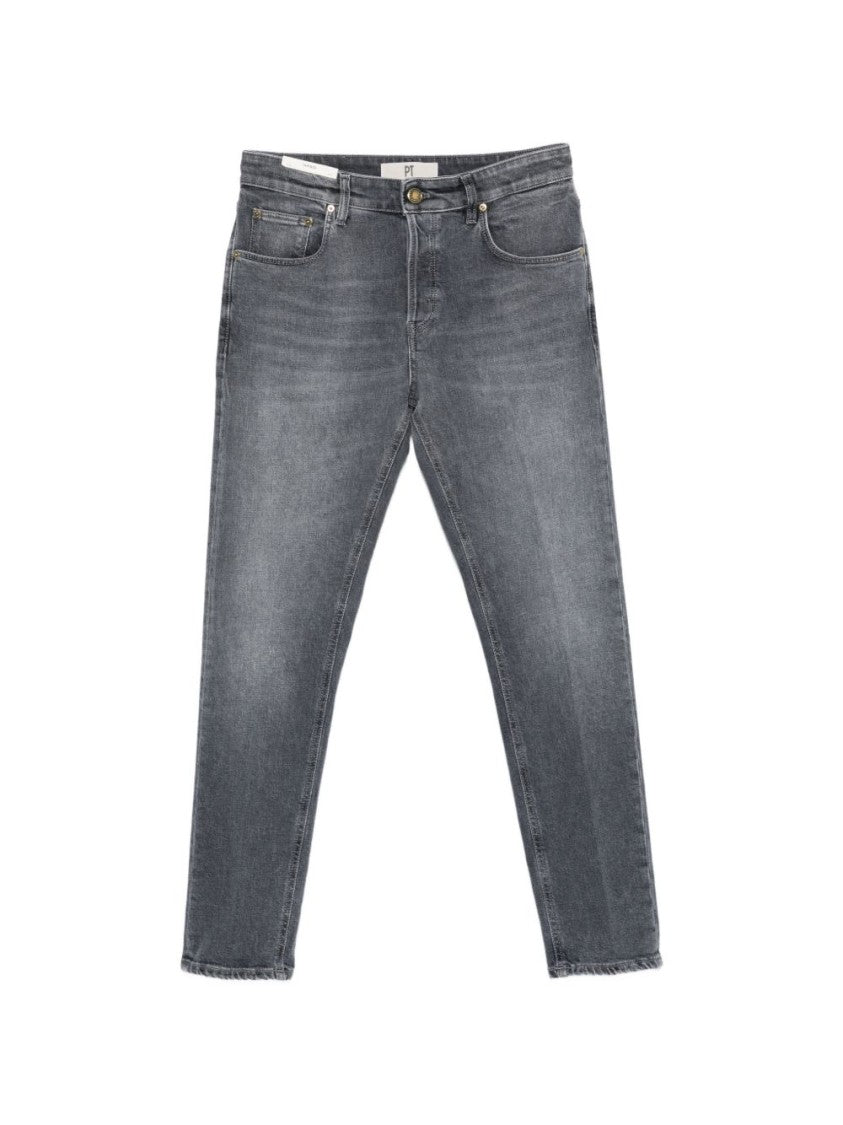 Pt Torino Slim Fit Grey Denim Jeans With Frayed Hem And Five-Pocket Design