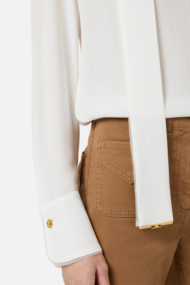 Elisabetta Franchi Ivory Sash-Tie V-Neck Gold Cuff Buttons Viscose Blouse