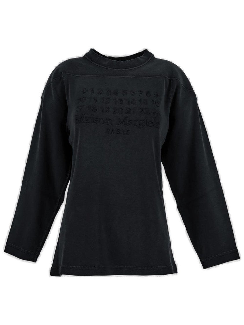 Maison Margiela Washed Black Long-Sleeved Cotton Top With Tonal Text Detail