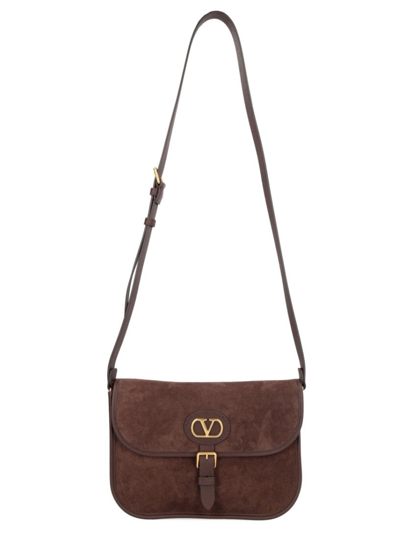 Valentino Garavani Rectangular Suede Shoulder Bag With Gold-Tone Logo Plaque