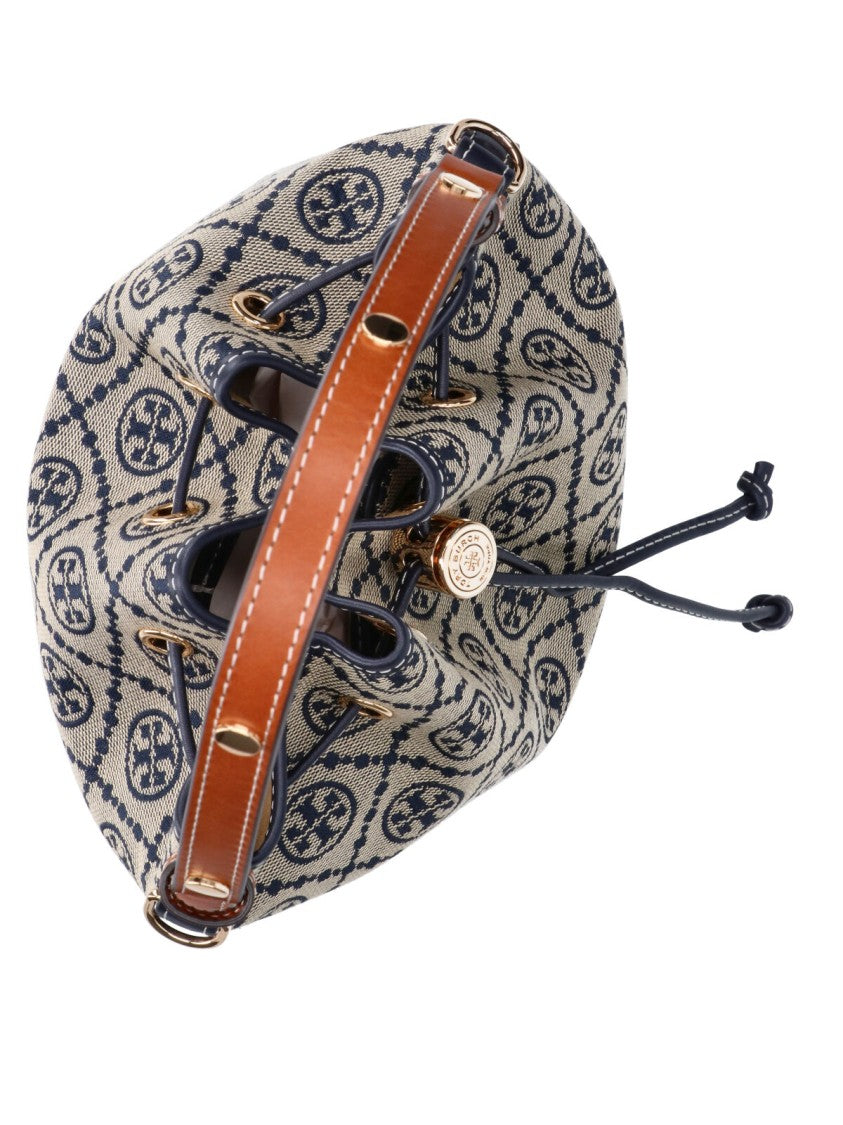 Tory Burch Blue T-Monogram Canvas Drawstring Bucket Bag