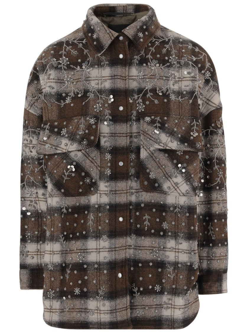 Novelle Floral Embroidered Check Pattern Shirt Jacket