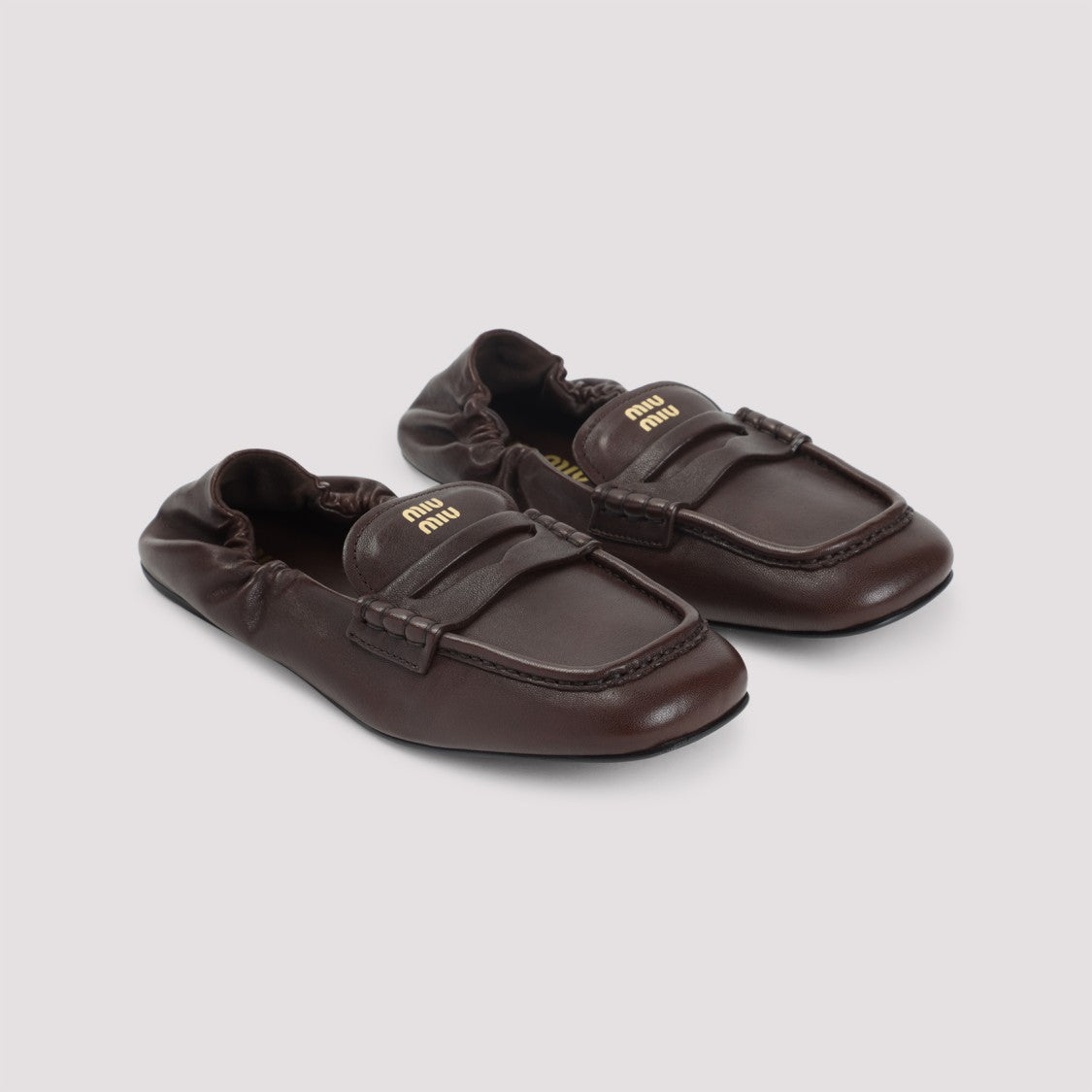 Miu Miu Brown Leather Loafers With Gathered Detail