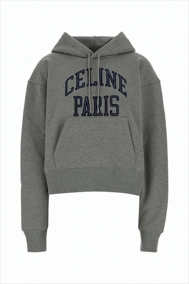 Celine Cropped Grey Cotton Fleece Hoodie