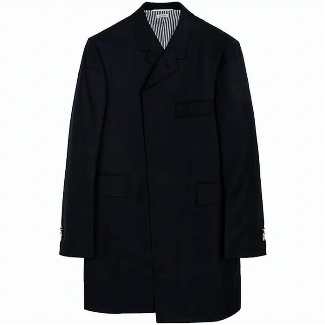 Thom Browne Long Black Wool Coat With Double-Breasted Front And Notched Lapel