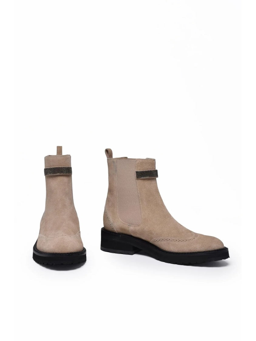 Eleventy Beige Brogue Detailing Suede Rubber Sole Boots