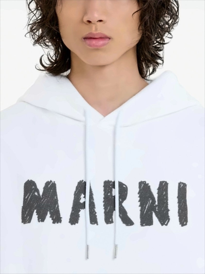 Marni Relaxed Fit White Cotton Hoodie With Textured Logo Print