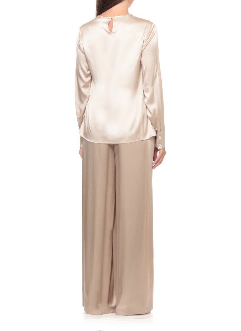Peserico Beige Beaded-Cuff Silk Blouse