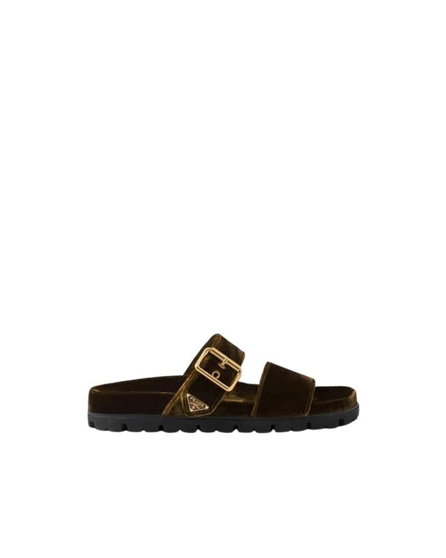Prada Brown Velvet Mules With Gold-Tone Buckles