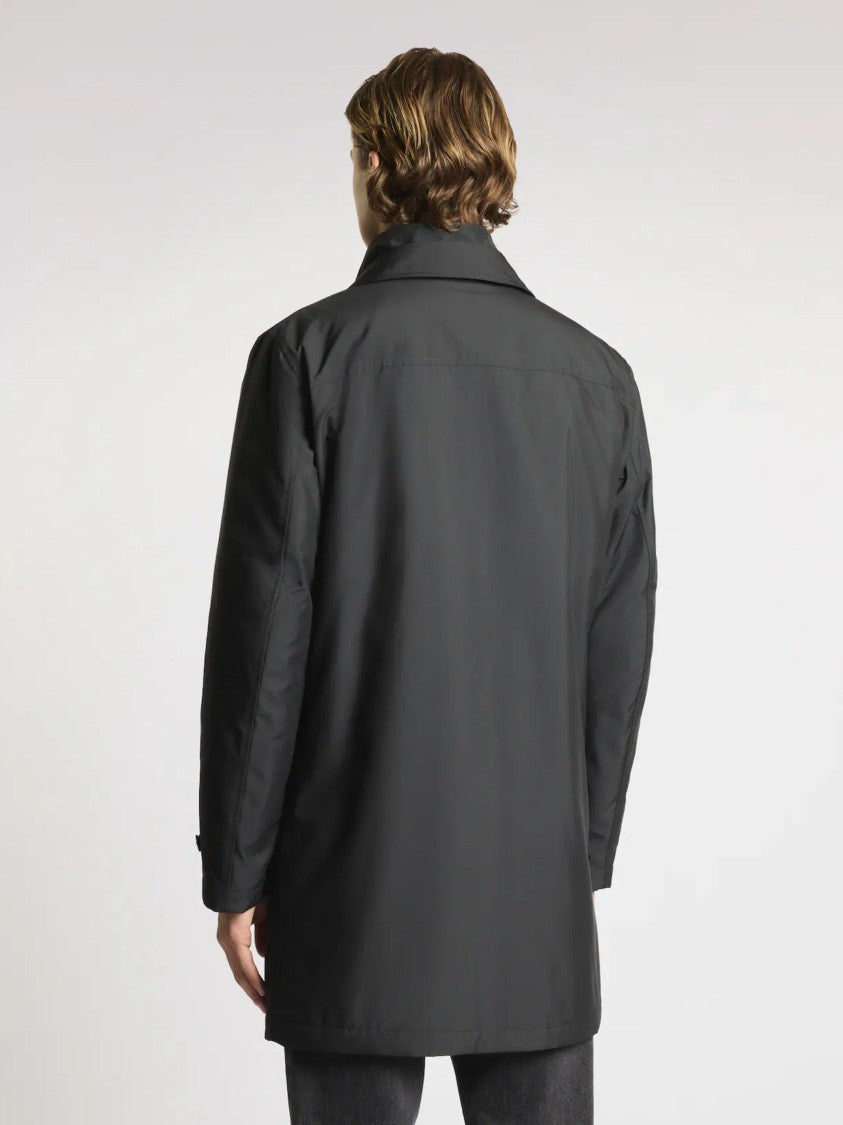 Fay Minimalist Black Morning Coat With Concealed Closure And Quilted Interior
