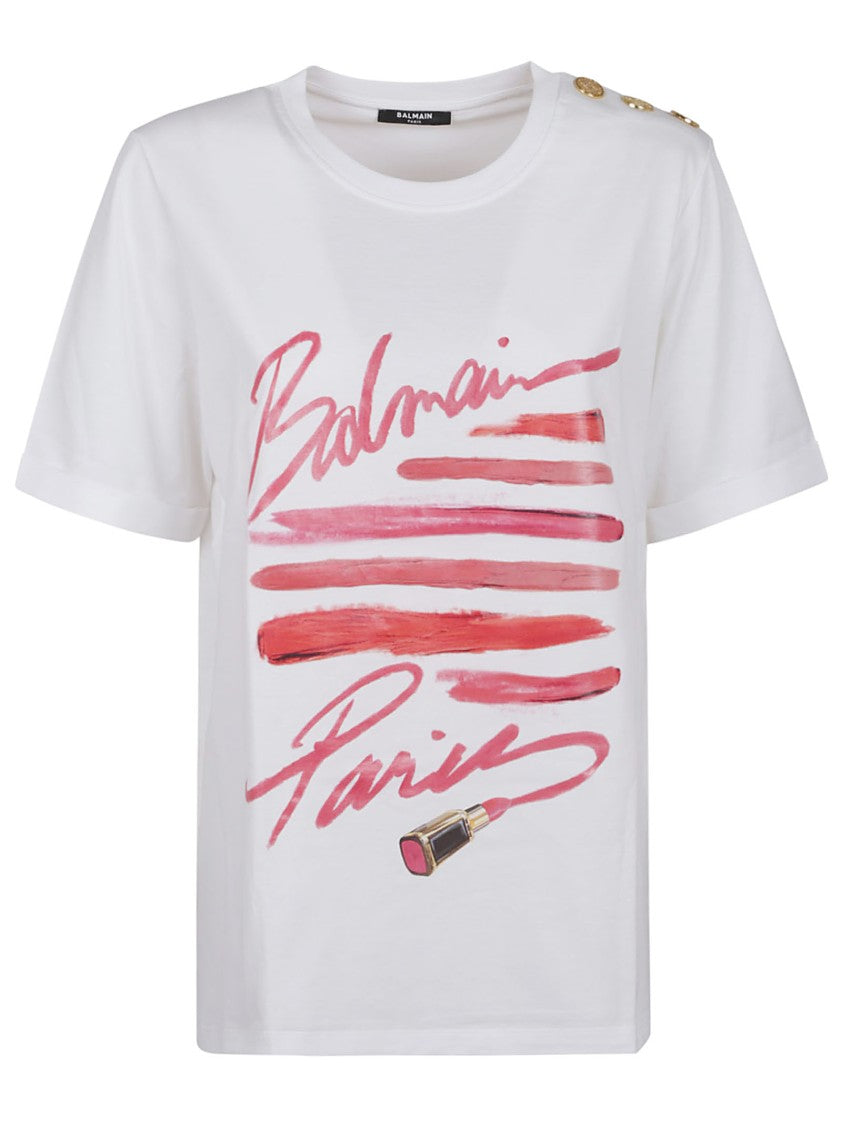 Balmain 3 Btn Lipstick Print T-Shirt