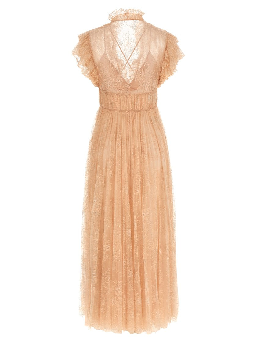Alberta Ferretti Long Lace Dress With Ruffled V-Neckline