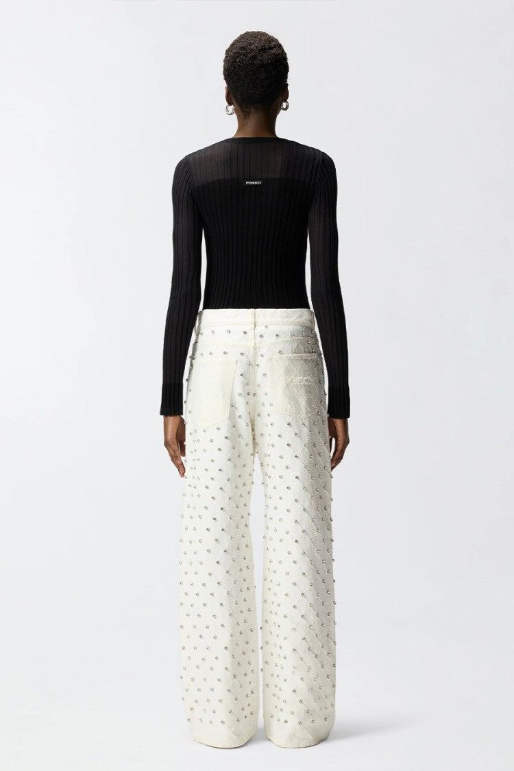 Pinko White Cotton Crystal-Stud Wide-Leg Jeans