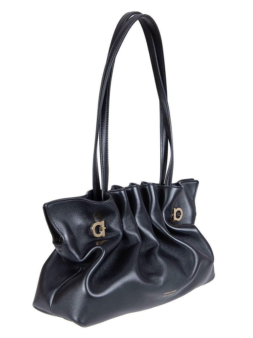 Ferragamo Gathered Black Nappa Leather Soft Bag With Gold Accents