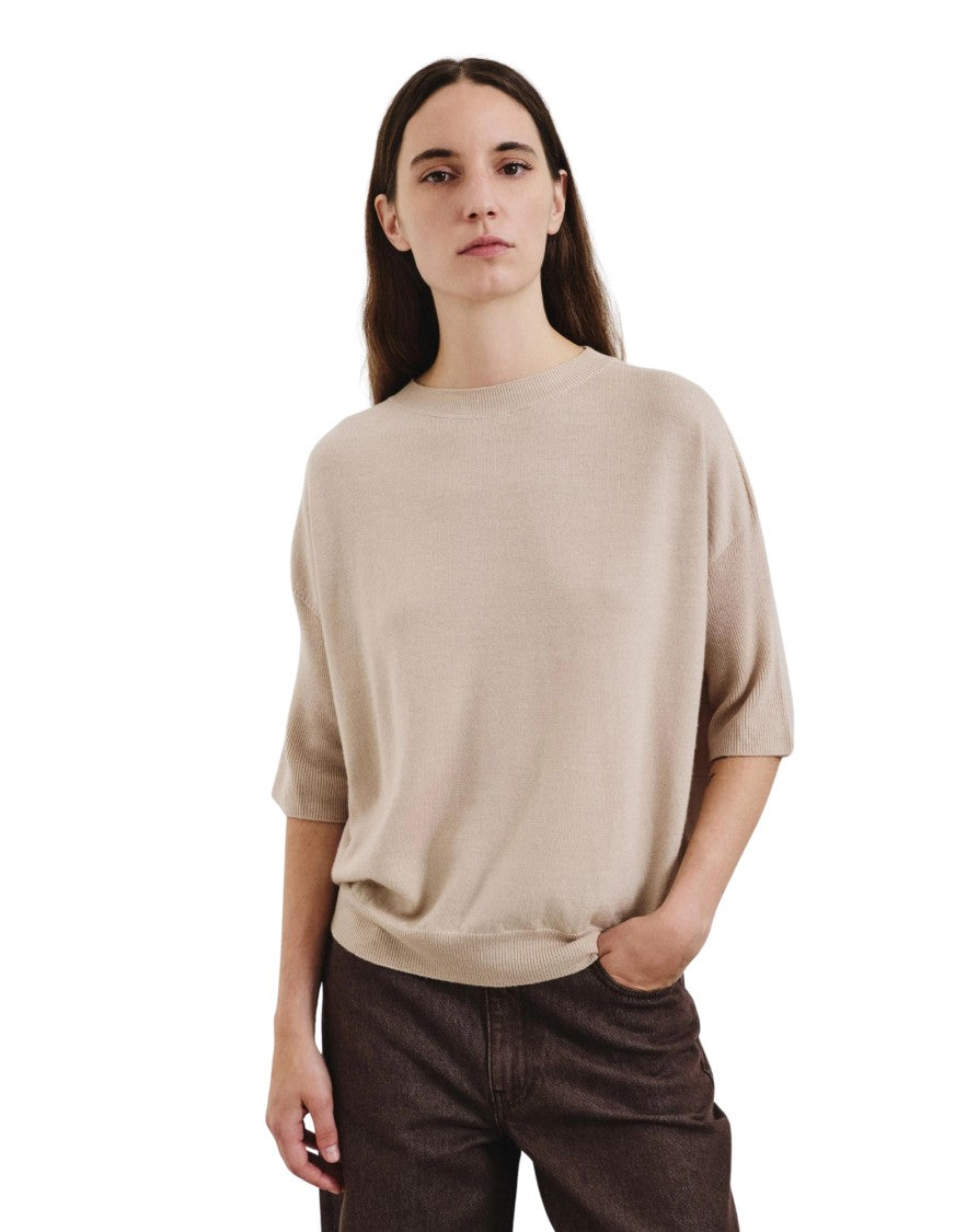 Pomandère Sand Ribbed Sleeve Wool-Blend T-Shirt